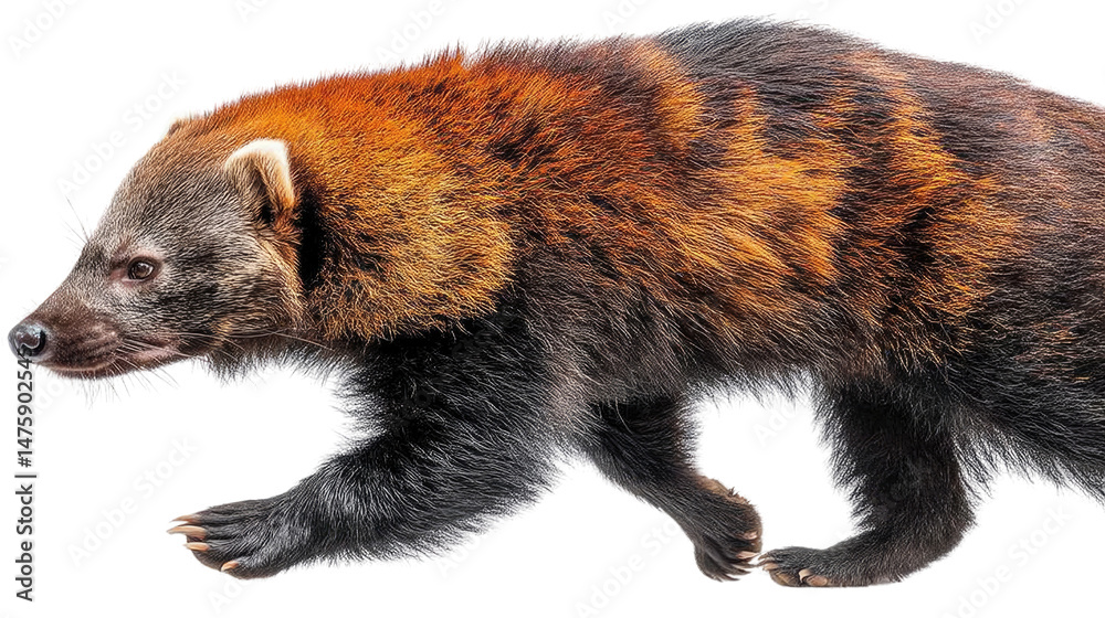 Obraz premium A Glimpse of the Bush Dog: A striking Bush Dog with a unique black and rusty orange coat, captured mid-stride with a sense of determination, set against a pure white background. 