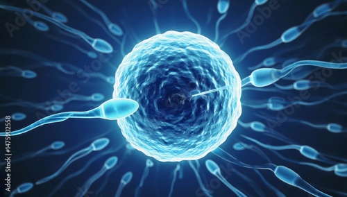 Detailed 3D illustration of sperm cells swimming toward and fertilizing a human egg, representing conception, reproduction, fertility, genetics, the beginning of human life at the microscopic level.