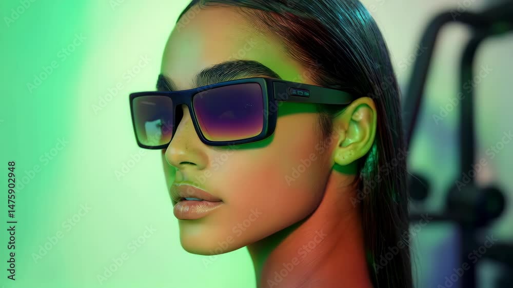 A stylish model wearing modern sunglasses with a colorful background, showcasing vibrant lighting and textures. A stylish model wearing modern sunglasses with a colorful background, showcasing vibrant lighting and textures.
