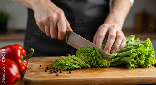 A person wearing apron, chops up raw greenn letuce on a wooden cutting board