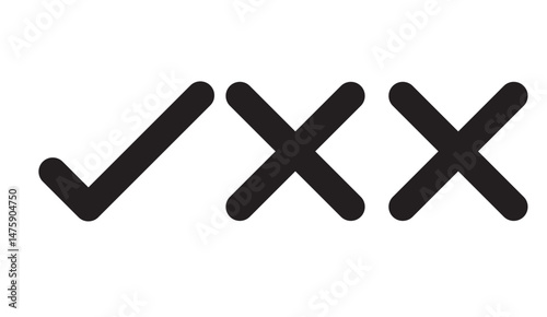 Black Tick and Cross Marks on a White Background: Symbolizing Choice, Approval, and Rejection in a Simple Graphical Representation, Concept of Right and Wrong