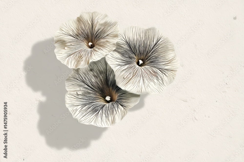 Obraz premium Three delicate fungi displayed against a light background.