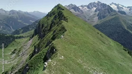 European Mountain Range with Green Meadows from Above