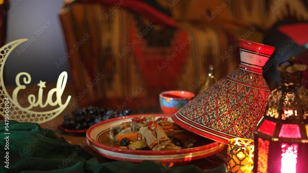 Fototapeta premium Eid Mubarak. Hot tagine with meat vegetables. Traditional Foods of Muslim People Ramadan Feast Celebrations.