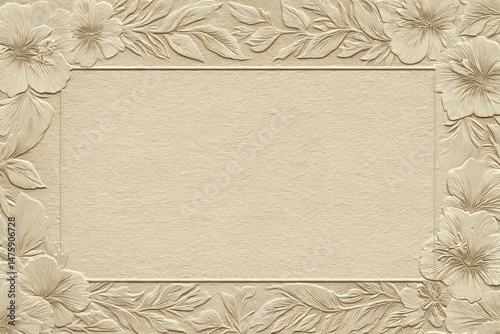 Elegant, embossed floral frame on light beige backdrop.