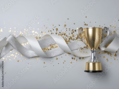 Golden trophy with silver ribbon and confetti on gray background studio shot for winning achievement celebration