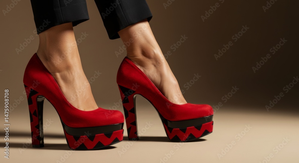 Elegant red high heels with black zigzag pattern for fashion and style inspiration