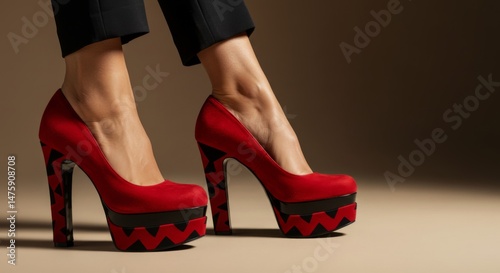 Obraz na płótnie Elegant red high heels with black zigzag pattern for fashion and style inspiration w salonie