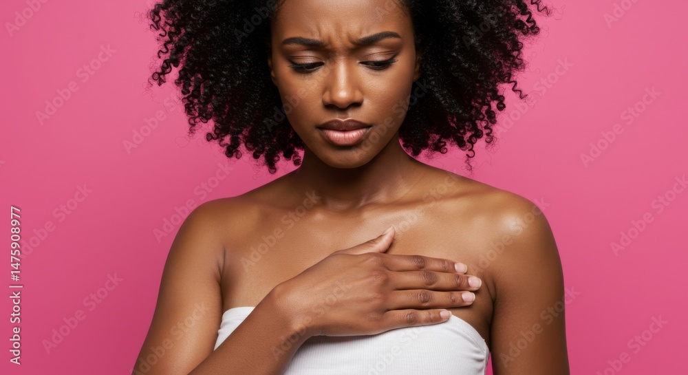 Woman with concerned expression and hand on chest against pink background