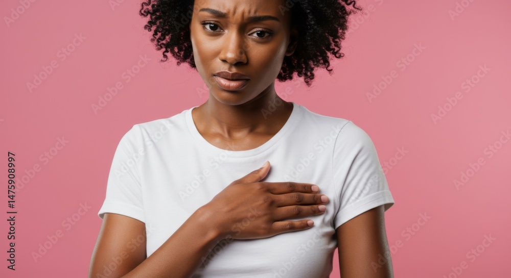 Thoughtful woman in white t-shirt with hand on heart against pink background