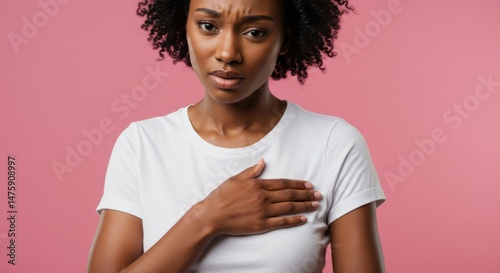 Obraz na płótnie Thoughtful woman in white t-shirt with hand on heart against pink background w salonie