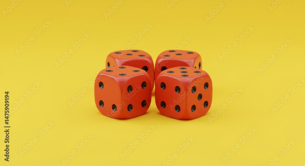 Bright orange dice arrangement on vibrant yellow background for game theme design