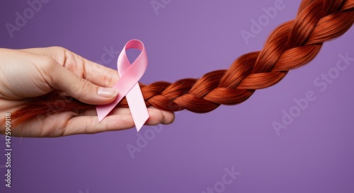 Breast cancer awareness concept with pink ribbon and red hair braid against purple background