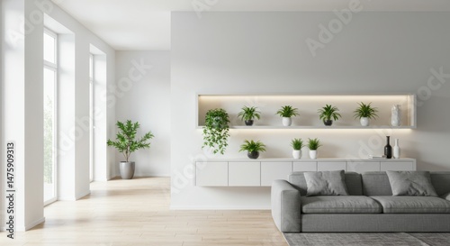 Minimalist living room with indoor plants and modern decor for tranquil home interior design