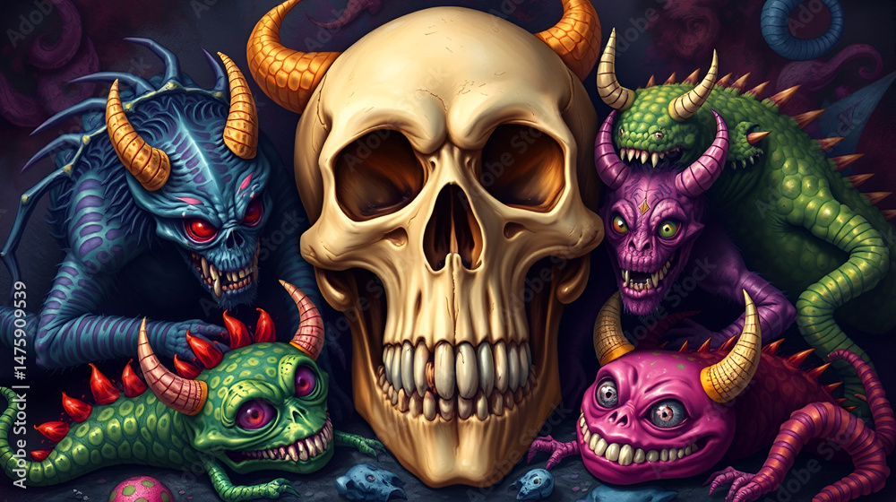 Colorful Monsters Surrounding Skull Colorful Monsters Surrounding Skull