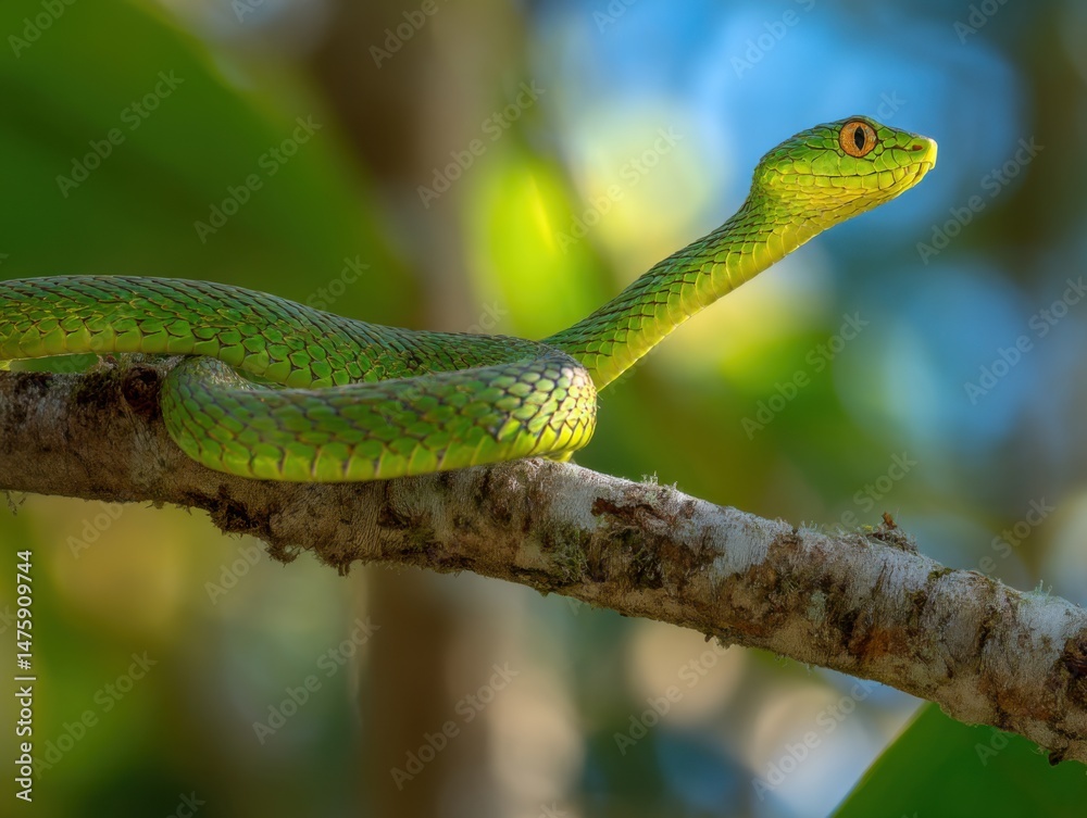 Fototapeta premium Green pit viper snake resting on tree branch, eye level close up, bokeh background, tropical wildlife