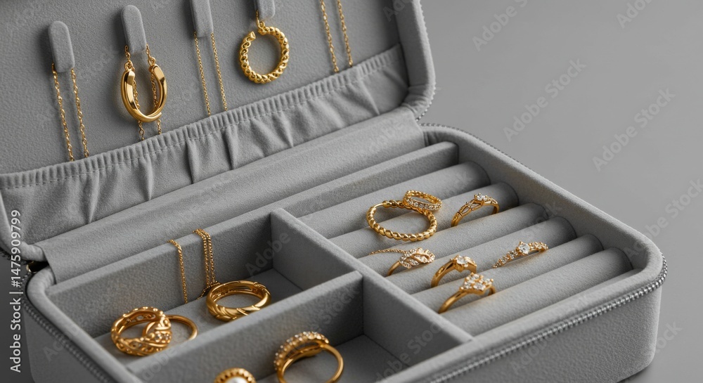 Elegant collection of gold jewelry rings and necklaces in luxury jewelry box for special occasions