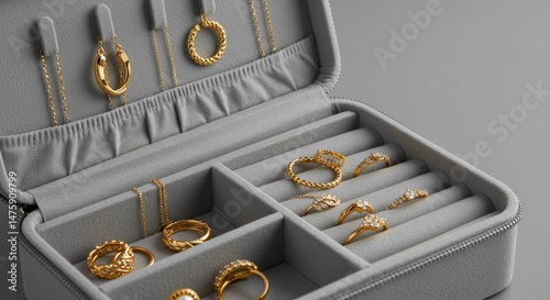 Obraz na płótnie Elegant collection of gold jewelry rings and necklaces in luxury jewelry box for special occasions w salonie