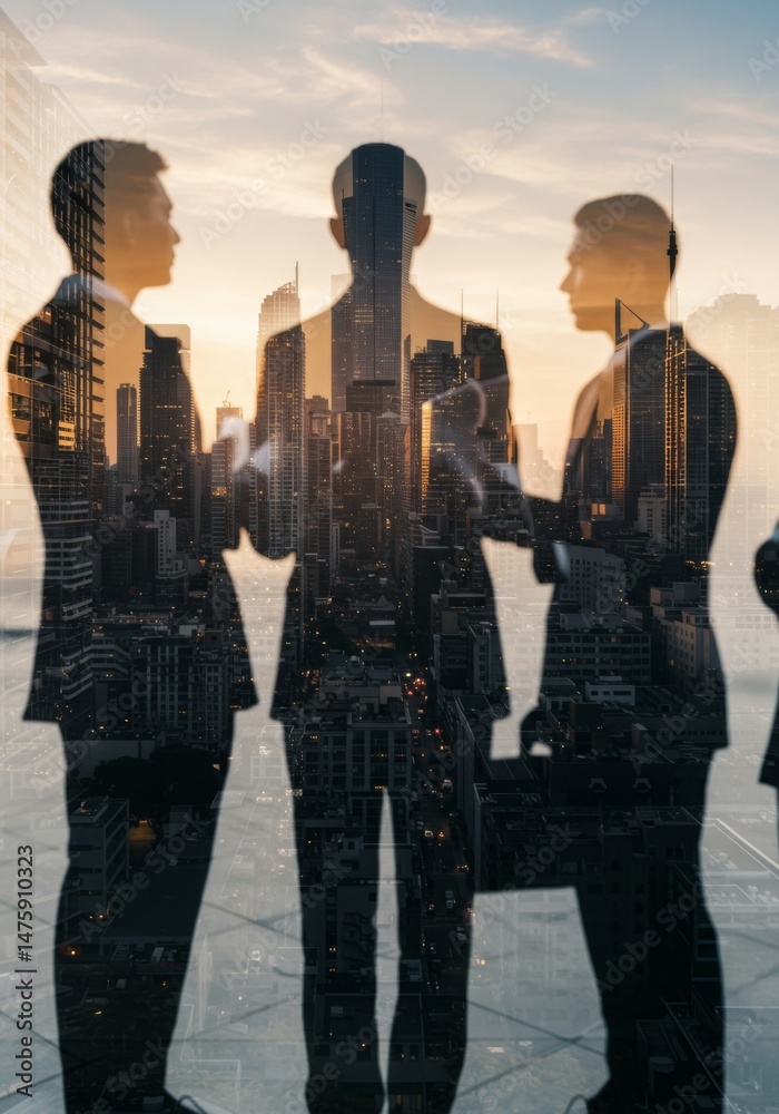 Business negotiation and teamwork in modern cityscape at sunset