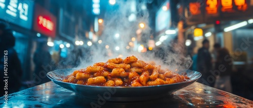 Steaming tteokbokki dish on a table at a bustling street food stall, city at night