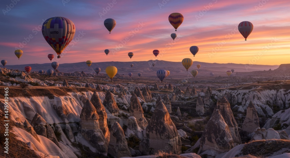 Naklejka premium Breathtaking hot air balloon adventure at sunset in the unique landscape of cappadocia