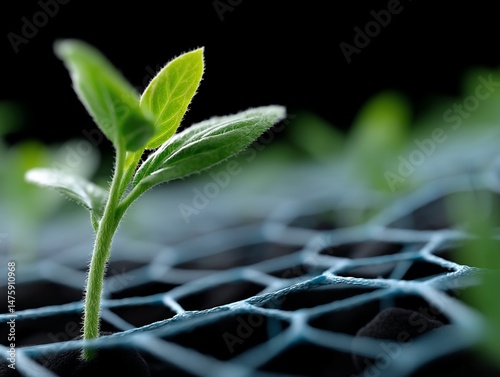 Close-up of a vibrant sprout emerging through a grid photo