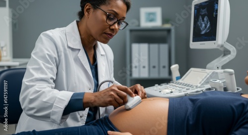 Prenatal ultrasound examination by doctor in medical clinic for maternal health checkup