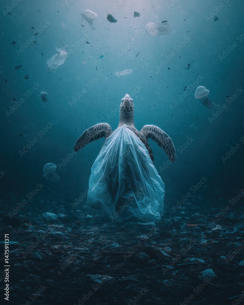 Obraz premium Sea Turtle Swimming Underwater Trapped In Plastic Bag Ocean Pollution Environmental Impact Close Up Marine Life