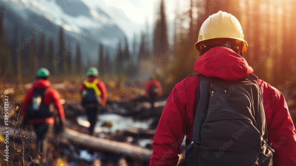 Group of forest workers in safety helmets and jackets walk along a stream, engaging in environmental restoration in a mountainous region