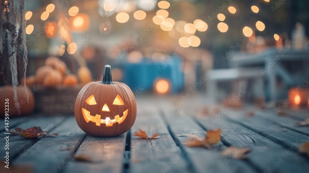 A carved pumpkin sits on a wooden deck, glowing with a cheerful expression amidst scattered autumn leaves and soft bokeh lights