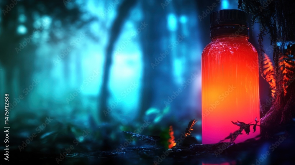 A vibrant bottle radiates warm light amidst a dark, enchanting forest at dusk, surrounded by lush ferns and trees