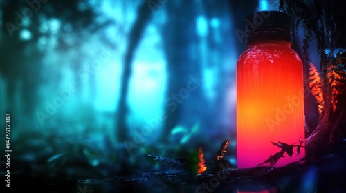 Obraz na płótnie A vibrant bottle radiates warm light amidst a dark, enchanting forest at dusk, surrounded by lush ferns and trees w salonie