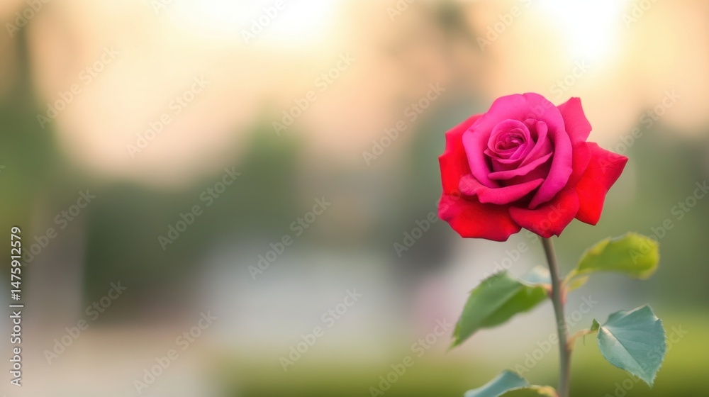 A vibrant rose stands tall in a garden, showcasing its rich pink and red hues against a soft sunset background filled with gentle light