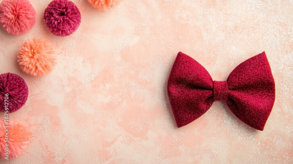 Decorative bow with a glittery texture sits beside colorful pom poms on a soft pink background, creating a playful and festive atmosphere