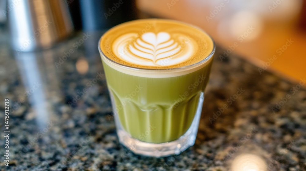 A matcha latte with intricate art designs is displayed in a glass on a dark granite surface, showcasing its vibrant green color