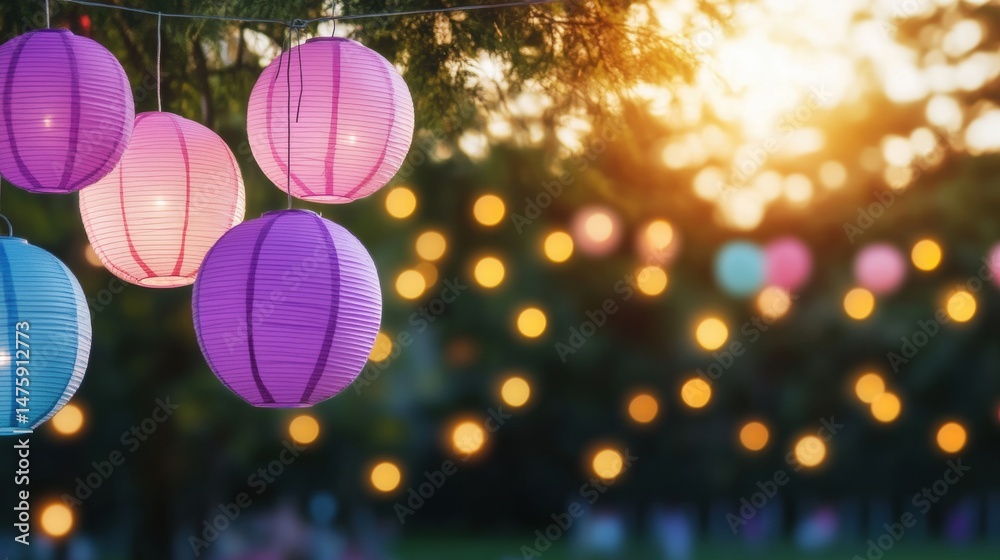 Colorful lanterns hang elegantly in the air while soft sunlight fades, creating a warm, festive atmosphere in an outdoor space