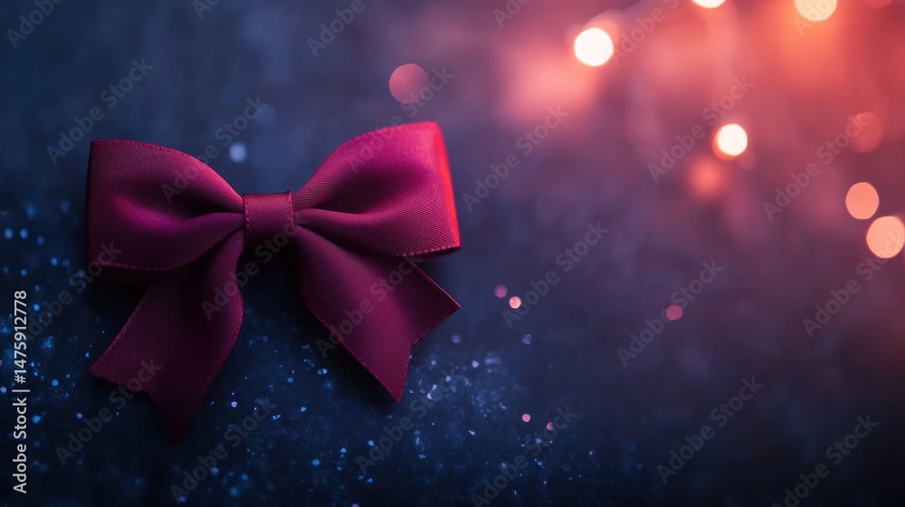 Deep red ribbon bow sits gracefully on a dark surface, illuminated by soft glowing lights in the background, creating a festive atmosphere