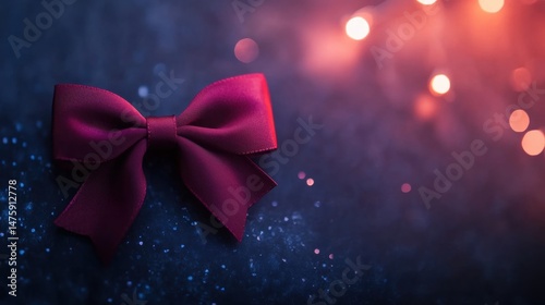 Obraz na płótnie Deep red ribbon bow sits gracefully on a dark surface, illuminated by soft glowing lights in the background, creating a festive atmosphere w salonie