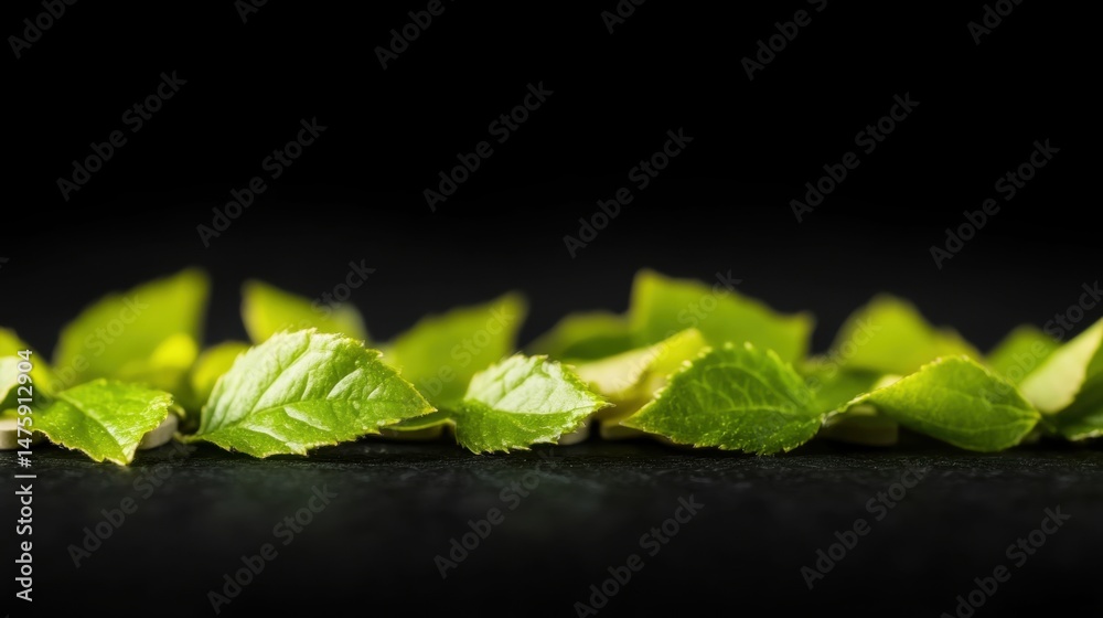 Close-up of fresh green leaves lying in a straight line on a dark surface, illuminated softly to highlight their natural texture and color