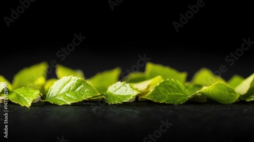 Obraz na płótnie Close-up of fresh green leaves lying in a straight line on a dark surface, illuminated softly to highlight their natural texture and color w salonie
