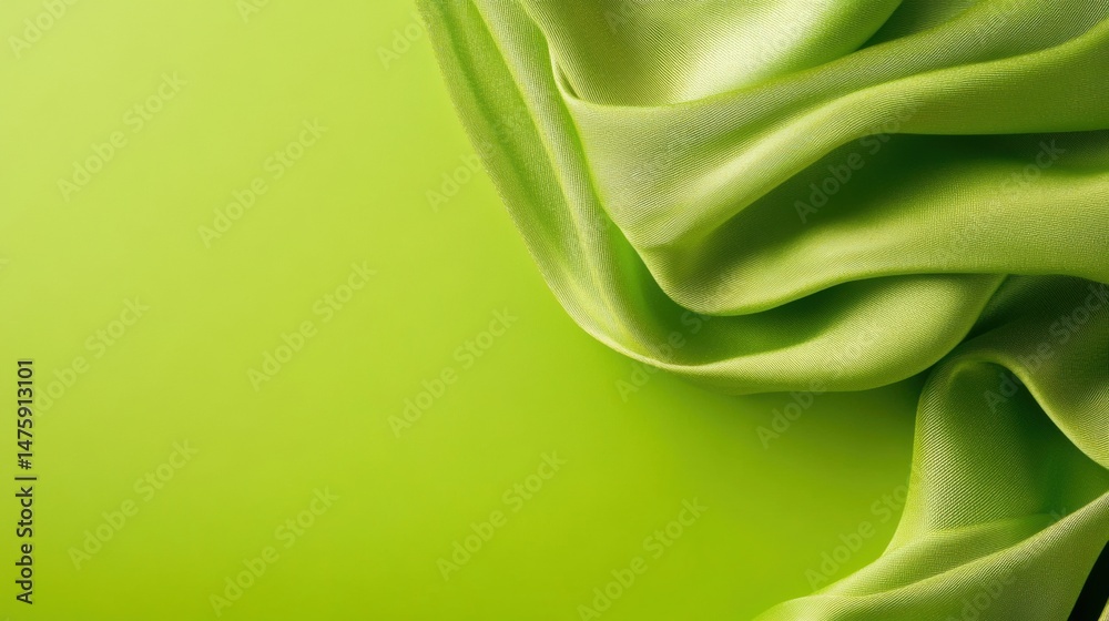 Soft green fabric swirls and drapes elegantly on a bright green backdrop, creating a serene and calming effect