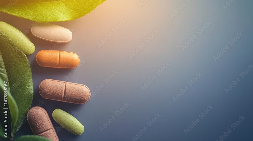 Various natural supplements and vitamins placed next to fresh green leaves on a soft blue surface, highlighting health and wellness