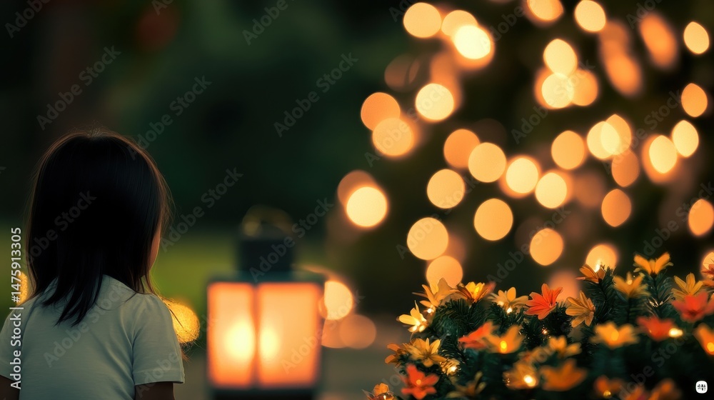 A child stands beside a glowing lantern, gazing at soft lights and colorful flowers in a serene garden during twilight