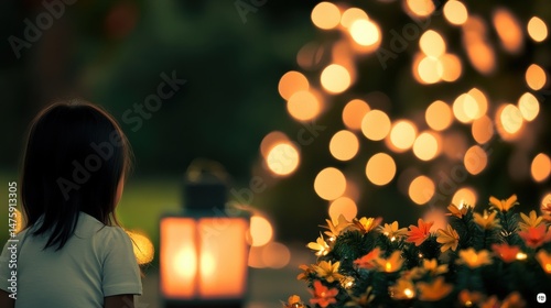 A child stands beside a glowing lantern, gazing at soft lights and colorful flowers in a serene garden during twilight
