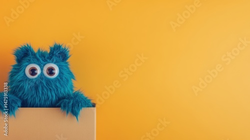 Obraz na płótnie A playful blue fuzzy character with large eyes is curiously peeking over the edge of a cardboard box set against a bright yellow backdrop w salonie