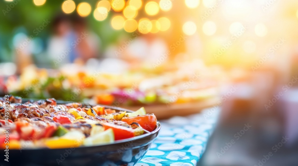 Colorful platters filled with grilled skewers, fresh vegetables, and salads are set on a table under string lights, creating a lively summer vibe
