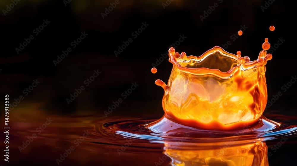 A water droplet generates a striking orange splash, reflecting light as it hits the surface, creating a captivating visual against a dark backdrop