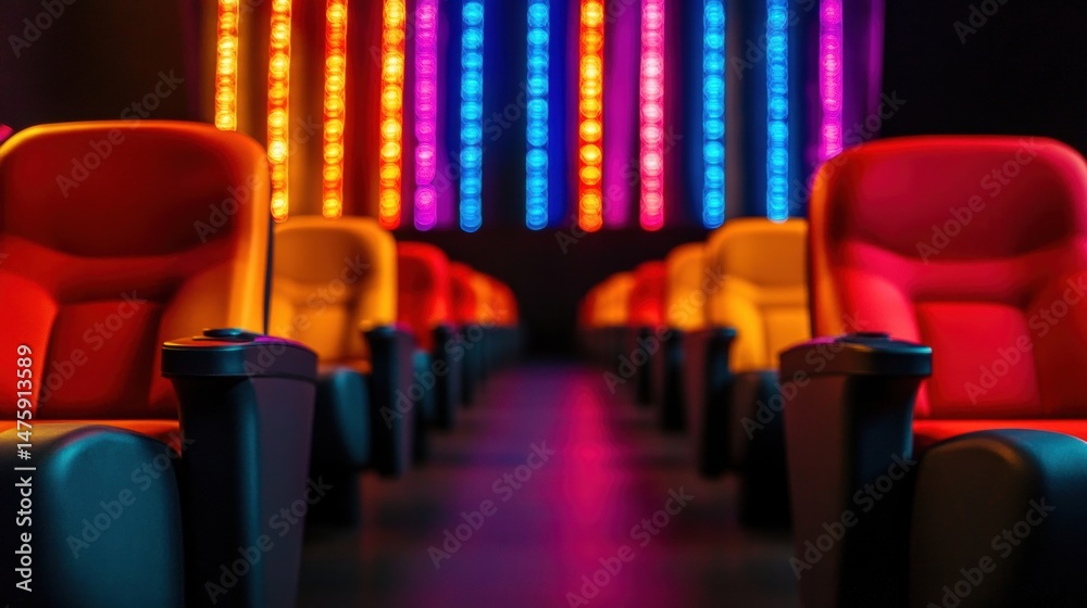 Rows of comfortable, brightly colored theater seats are illuminated by colorful lights, creating a lively atmosphere for moviegoers