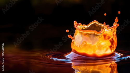 Obraz na płótnie A water droplet generates a striking orange splash, reflecting light as it hits the surface, creating a captivating visual against a dark backdrop w salonie