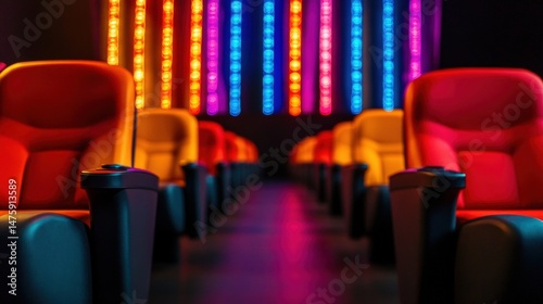 Obraz na płótnie Rows of comfortable, brightly colored theater seats are illuminated by colorful lights, creating a lively atmosphere for moviegoers w salonie